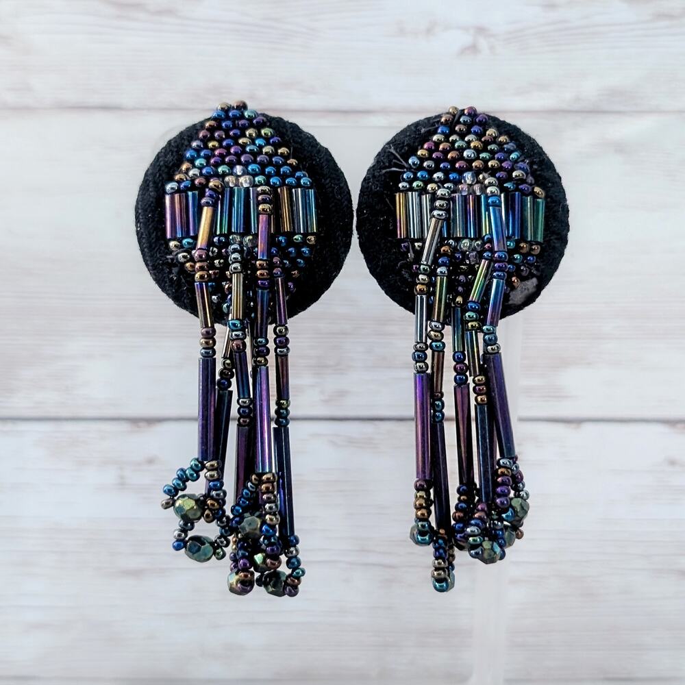 Vintage Clip On Earrings Stunning Dark Multi Color Long Dangle